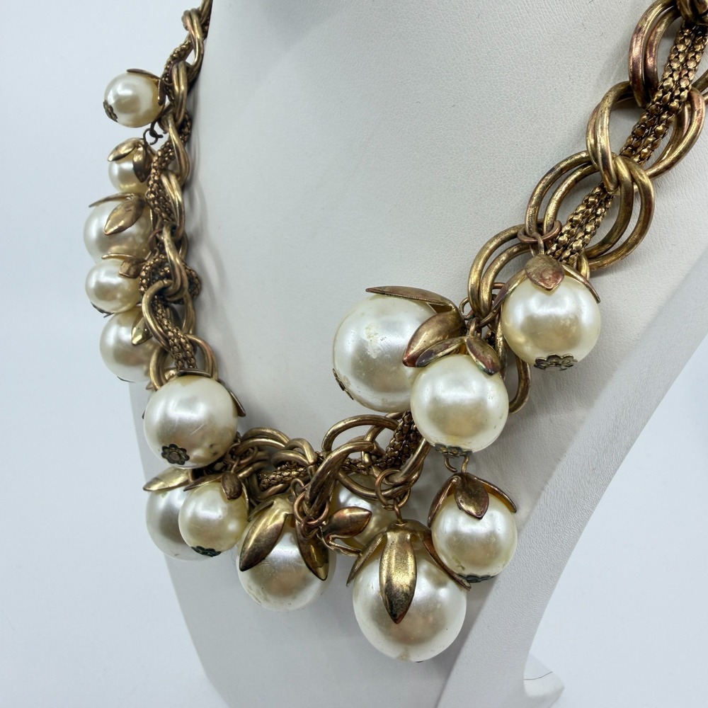 Gold Tone Faux Pearl Cluster Necklace - Boho Chunky Layering Statement - Picture 7 of 13